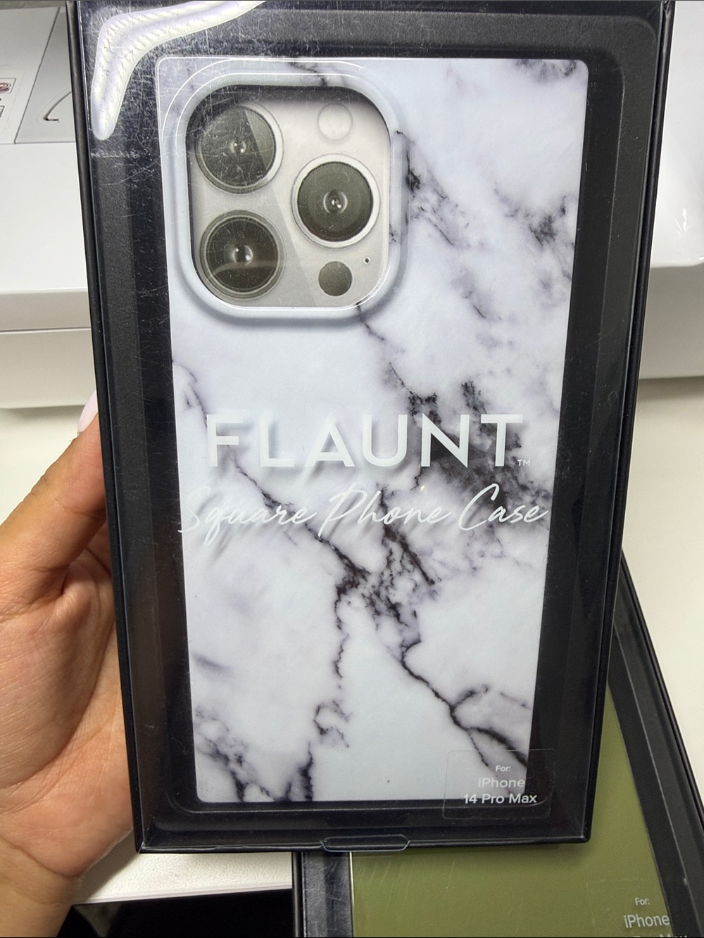 Flaunt Square Phone Case for iPhone 14 Pro Max. Please note the sides are black.